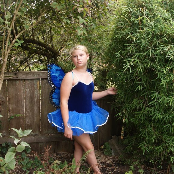 New FAIRY COSTUME Blue Leotard w/Tutu & Wings sz L - Picture 1 of 14